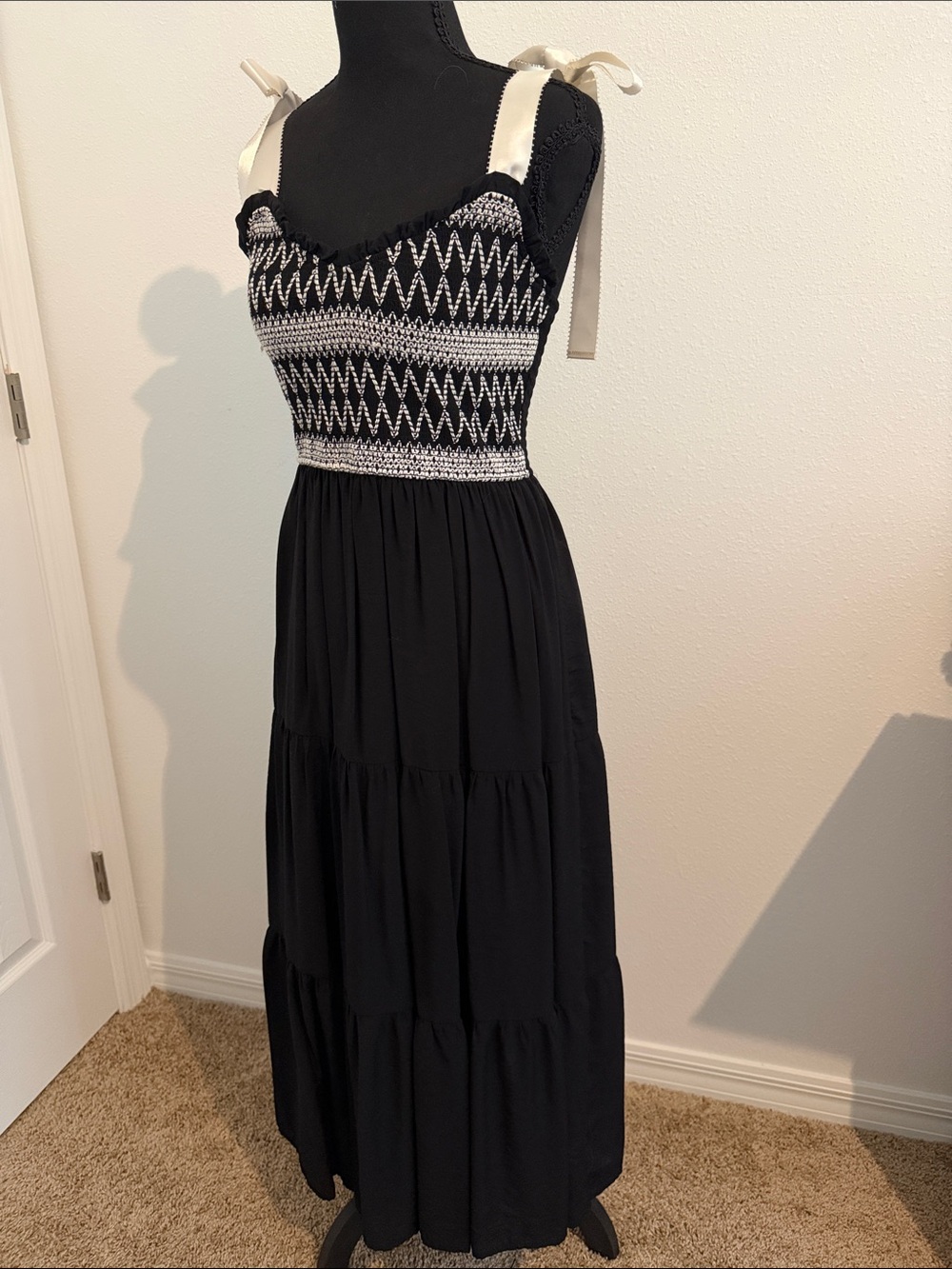 Blu Pepper Black Maxi Dress with Cream Ribbon Straps